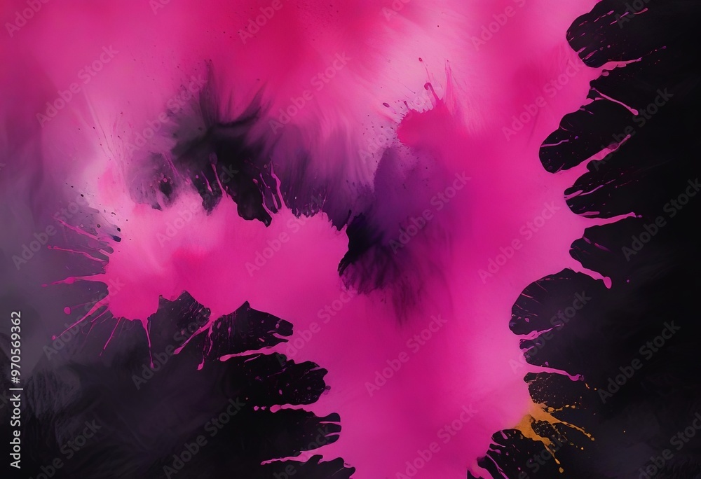 Poster a vibrant abstract composition with splashes of pink, purple, and black paint, creating a dynamic an