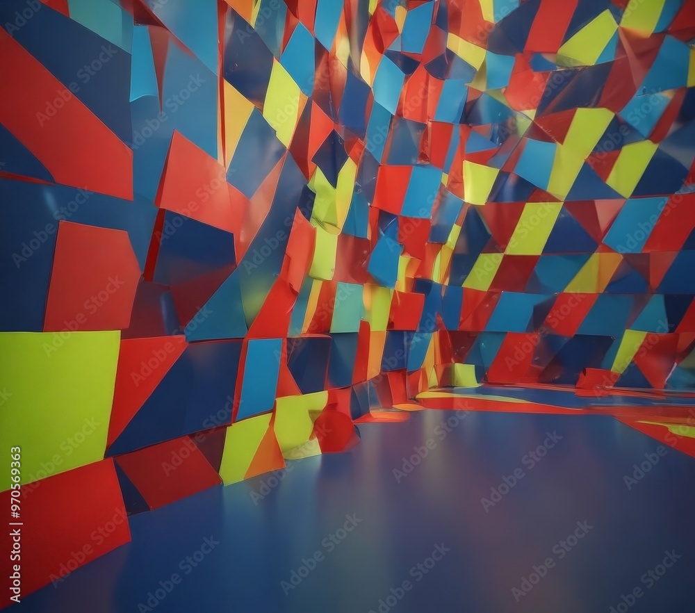 Aufkleber a room with a vibrant, geometric pattern of overlapping red, blue, yellow, and green triangles, creating a visually striking and abstract composition.