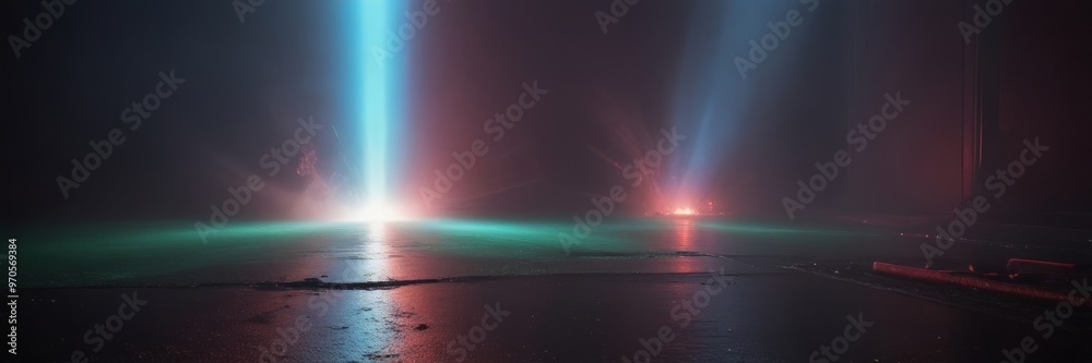 Poster a dimly lit stage with a vibrant display of colorful lights, creating a dramatic and atmospheric scene.