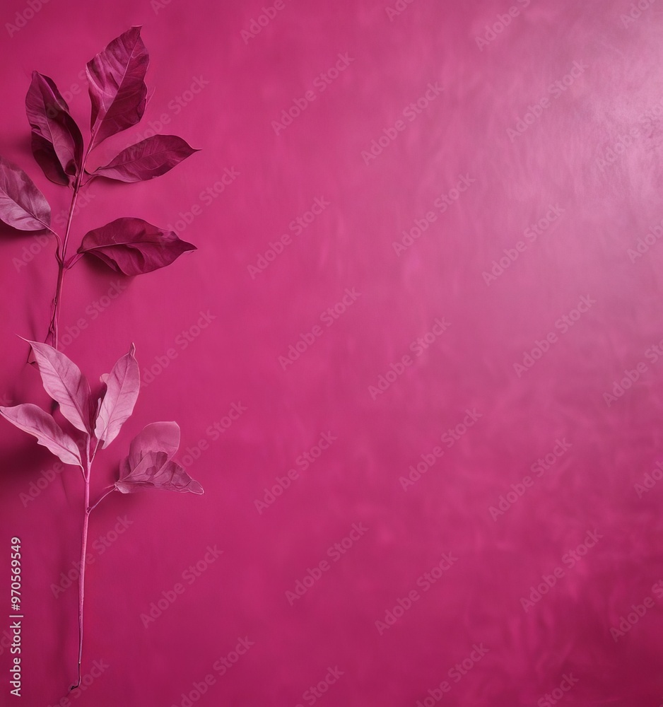 Poster pink background with a branch of leaves on the left side.