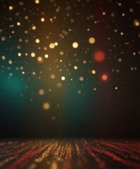 a dark background with a multitude of small, glowing dots in various colors, including yellow, orange, and red, scattered across the frame. The dots appear to be floating