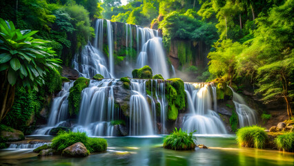 Fototapeta premium Majestic waterfall cascading through a lush rainforest, surrounded by vibrant green foliage and moss-covered rocks.