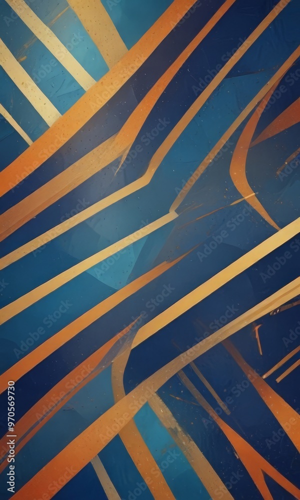 Poster a vibrant abstract composition of intersecting diagonal lines in various shades of blue, orange, and yellow, creating a dynamic and visually striking pattern.