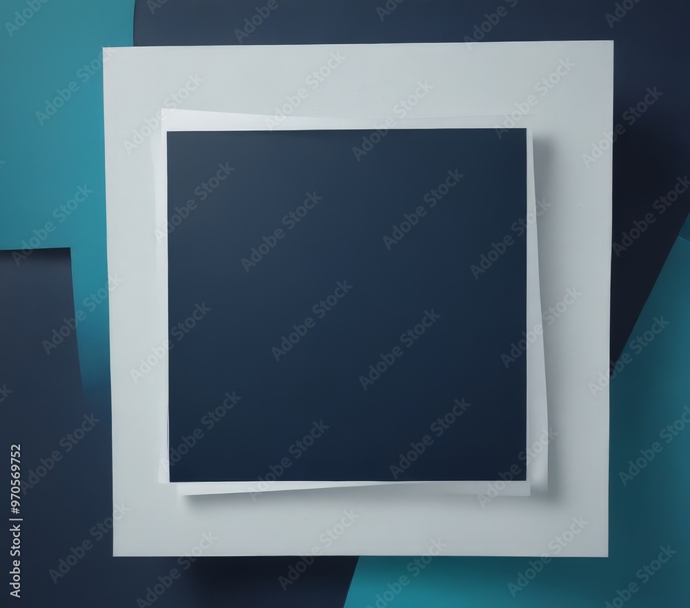 Aufkleber a white square frame is centered against a background of blue and teal geometric shapes.