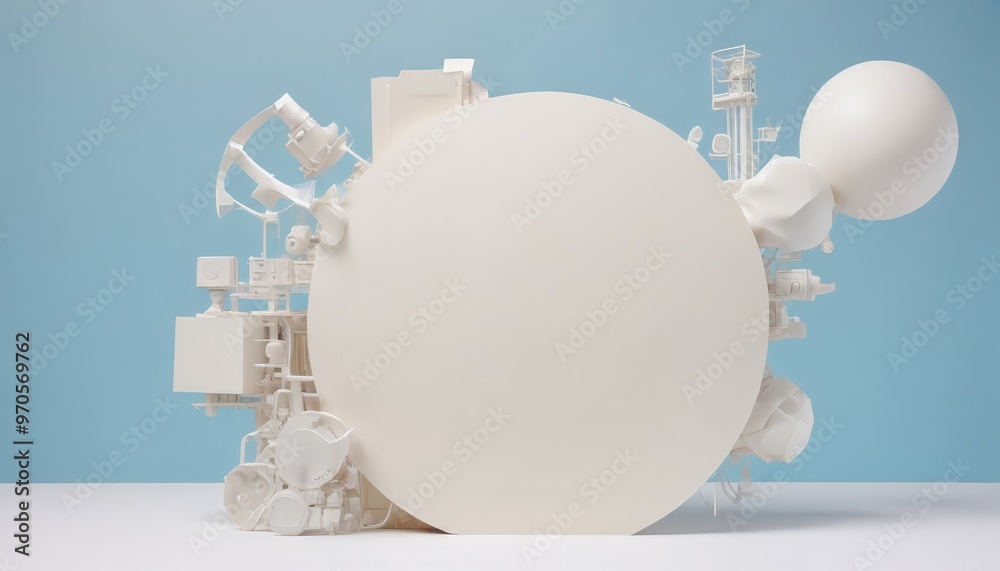 Poster a white, abstract sculpture composed of various geometric shapes and components, including a large c