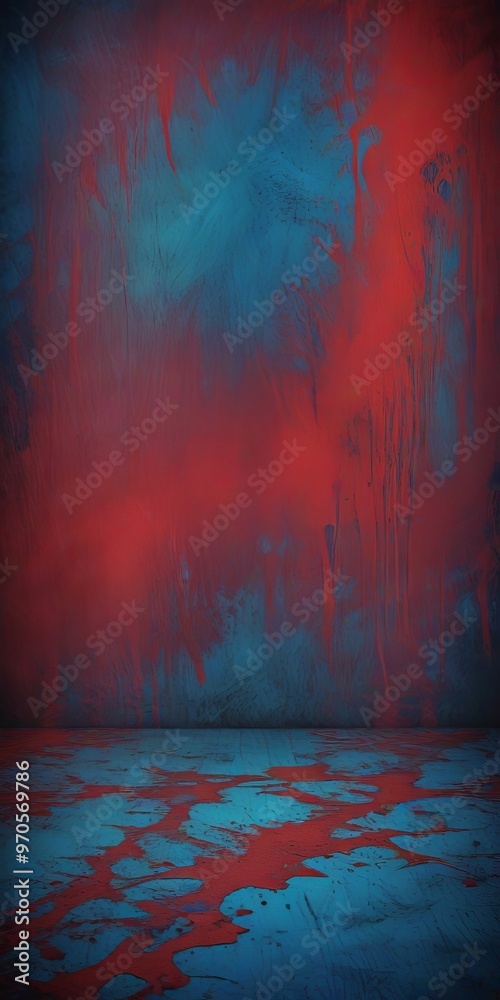 Poster a dark, moody room with a textured wall in red and blue hues. the floor is covered in a pattern of r