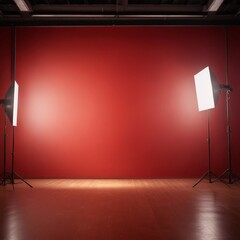 A red-painted studio wall with two white light boxes on either side, casting a bright light on a wooden floor.