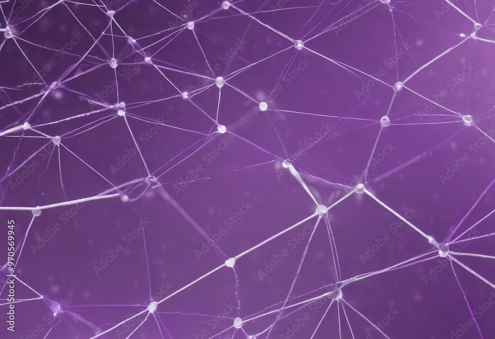 Poster a close-up view of a network of interconnected white lines and dots, creating a complex and intricate pattern against a purple background.