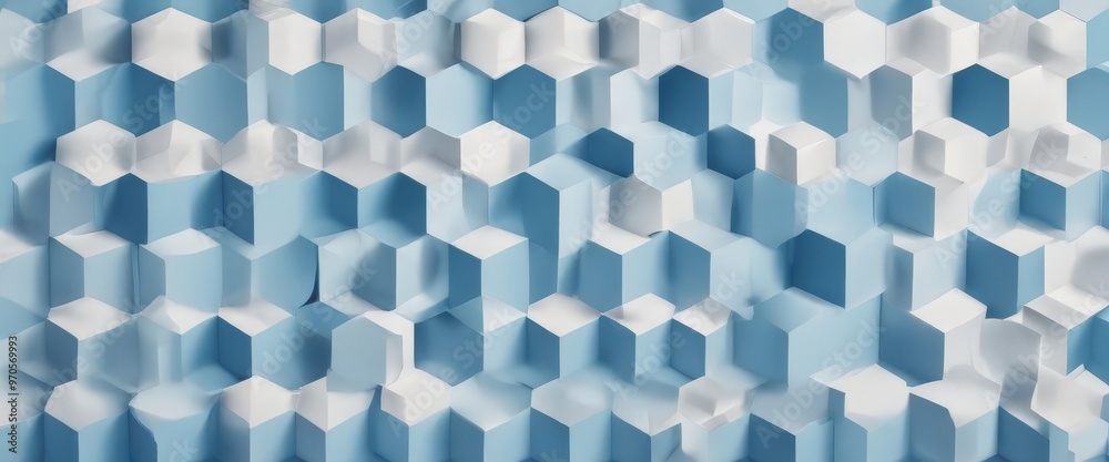 Poster The image presents a repeating pattern of white and blue cubes, arranged in a grid-like fashion. The cubes are stacked on top of each other, creating a visually striking