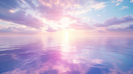 Fototapeta premium A beautiful blue ocean with a pink sun in the sky. The sun is setting and the sky is filled with clouds. The water is calm and peaceful, creating a serene atmosphere