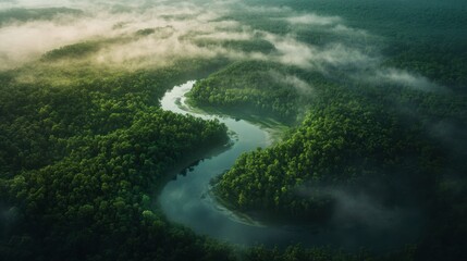 A stunning aerial shot of a winding river flowing through a dense forest, with fog hovering above the treetops.