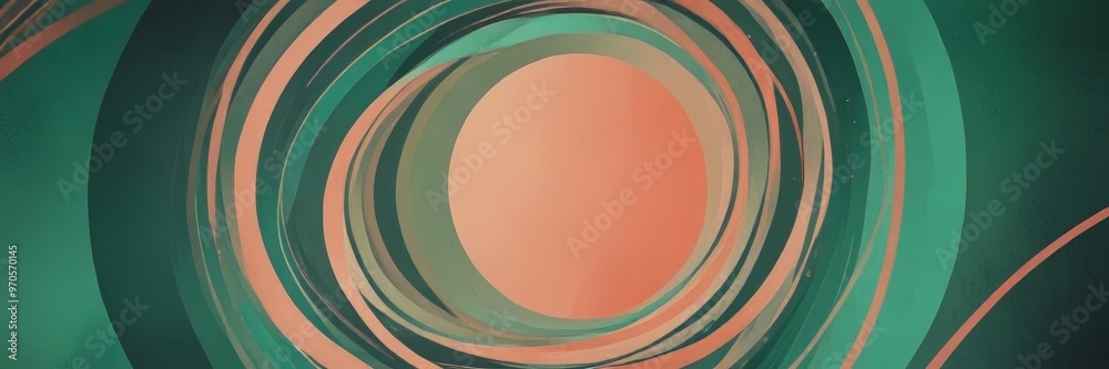 Poster a vibrant abstract composition of overlapping concentric circles in shades of green, orange, and pink, creating a dynamic and visually striking effect.