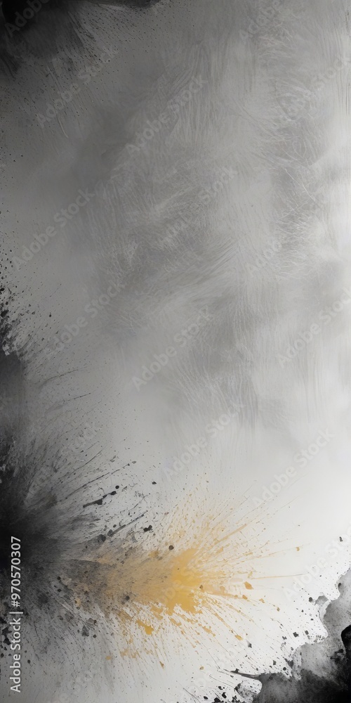 Leinwandbilder abstract art with a gray and black color scheme, featuring a central yellow splash of paint and spla