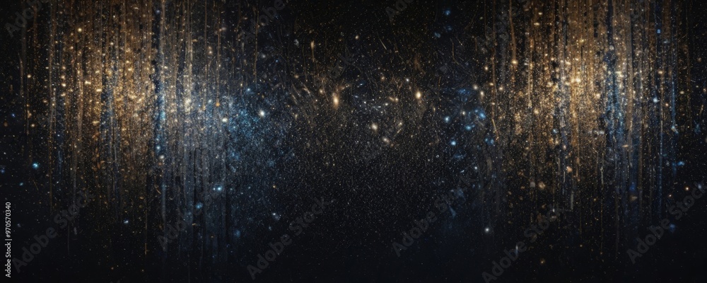 Aufkleber a dark background with a gradient of gold and blue lights, creating a shimmering, starry effect. The lights appear to be falling or dripping, adding a sense of movement