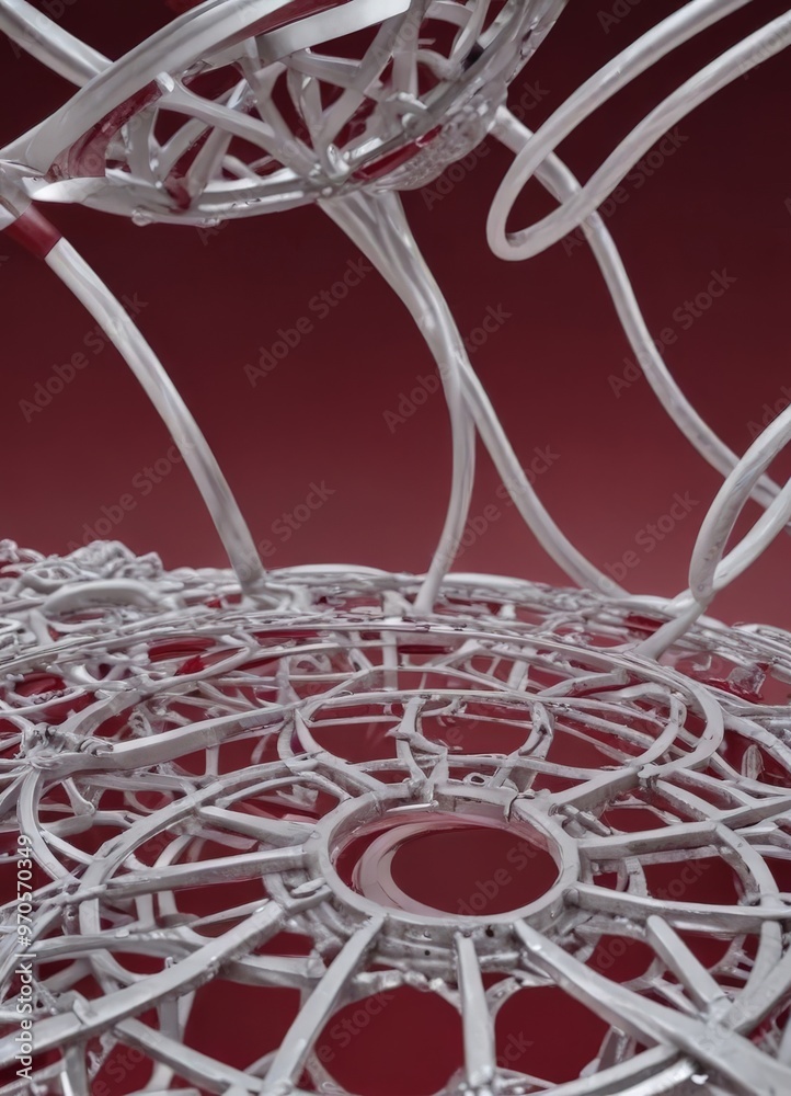 Aufkleber a close-up view of a complex, abstract metal sculpture with a red and white color scheme. The sculpture features a central circular opening surrounded by a network of