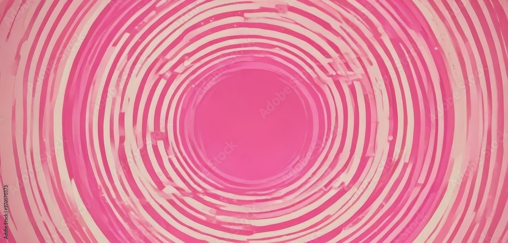 Poster a close-up view of a circular pattern with concentric pink and white stripes. The central focus is a large pink circle, surrounded by smaller pink and white concentric