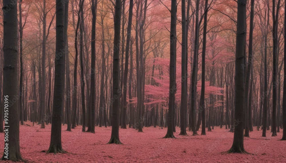 Poster A serene forest scene with tall trees displaying a mix of green and pink leaves, creating a captivating pink-tinted atmosphere.