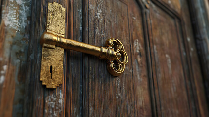Old golden house key, The background is a large door