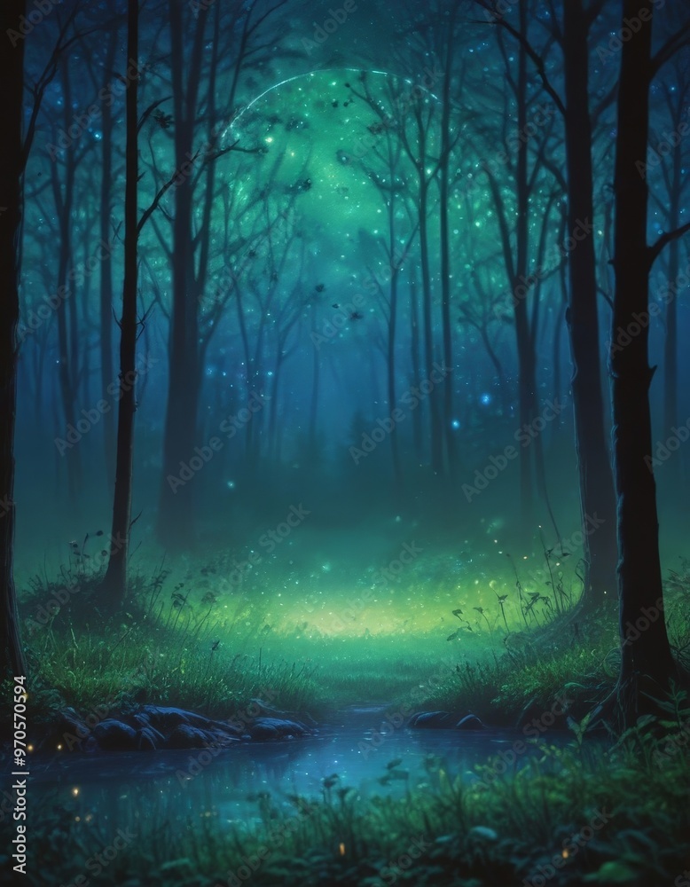 Poster A moonlit forest with a small stream and glowing fireflies, surrounded by tall trees with a mysterious, otherworldly atmosphere.