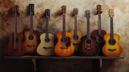 Naklejka premium collection of various acoustic guitars displayed on a wooden rack.
