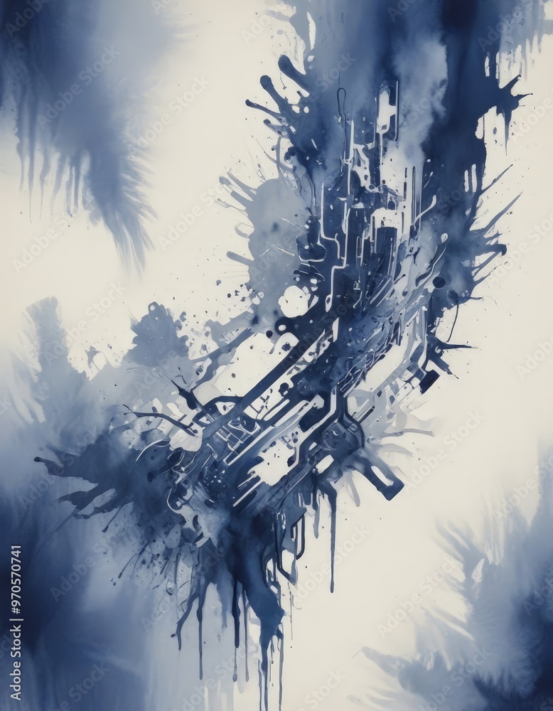 Aufkleber The image is an abstract painting featuring a complex network of lines and shapes in shades of blue and white, creating a dynamic and visually striking composition.