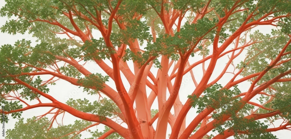 Poster a close-up view of a tree with a vibrant red trunk and lush green leaves, creating a striking contrast against the white background.