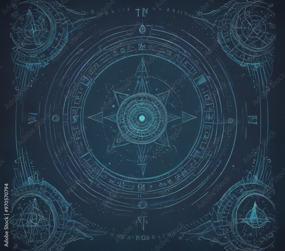 Aufkleber a mystical, circular design with a central star-like symbol surrounded by intricate geometric patterns and celestial elements. The text surrounding the design includes