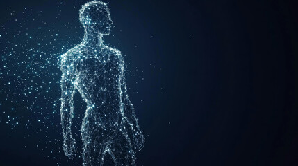 simplified image of the human body, made up of lines and points like a starry night sky.The body is broken down into geometric shapes, resembling stars with jagged edges.low poly vector illustration.