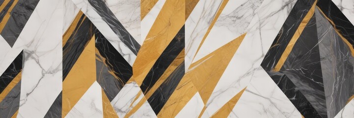 a marble surface with a geometric pattern of intersecting diagonal lines in black, white, and gold, creating a visually striking and abstract design.