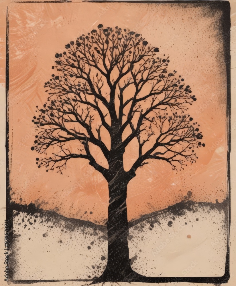 Poster a tree with a bare, leafless trunk and branches against a peach-colored background.