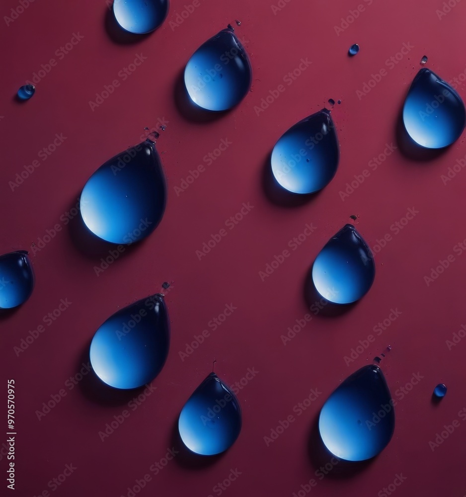 Poster Twelve blue water droplets of varying sizes are scattered randomly across a deep red background, creating a sense of randomness and movement.