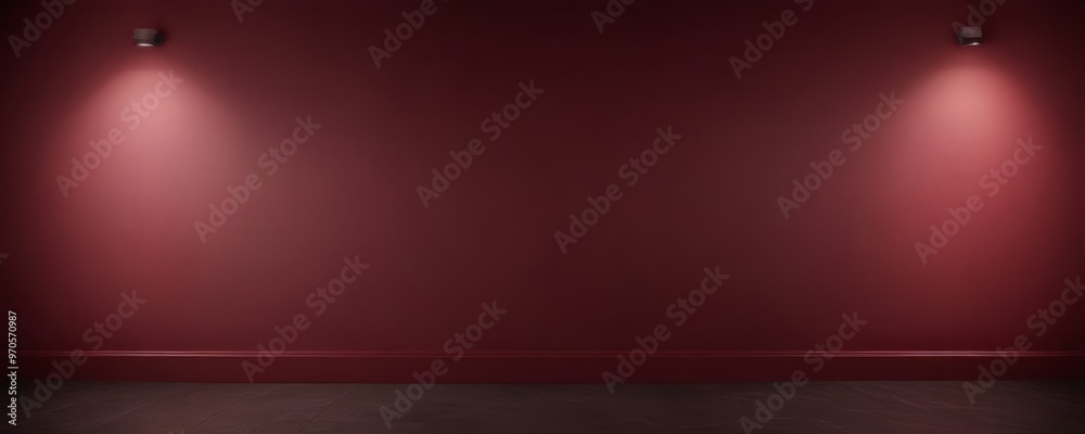 Poster a dark red wall with two small lights on either side, creating a dramatic and moody atmosphere.