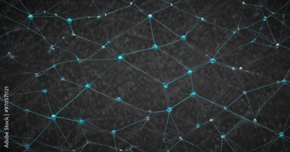 Poster a close-up view of a network of interconnected blue lines and dots, resembling a complex web or a network of nerves, against a dark background.