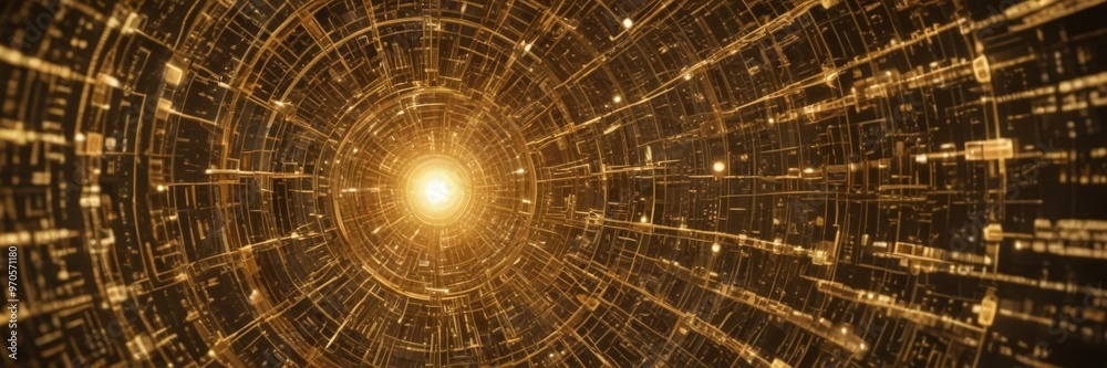 Poster The image presents a futuristic, technological scene with a circular pattern of glowing lines and dots, creating a sense of depth and dimensionality. The central focus is