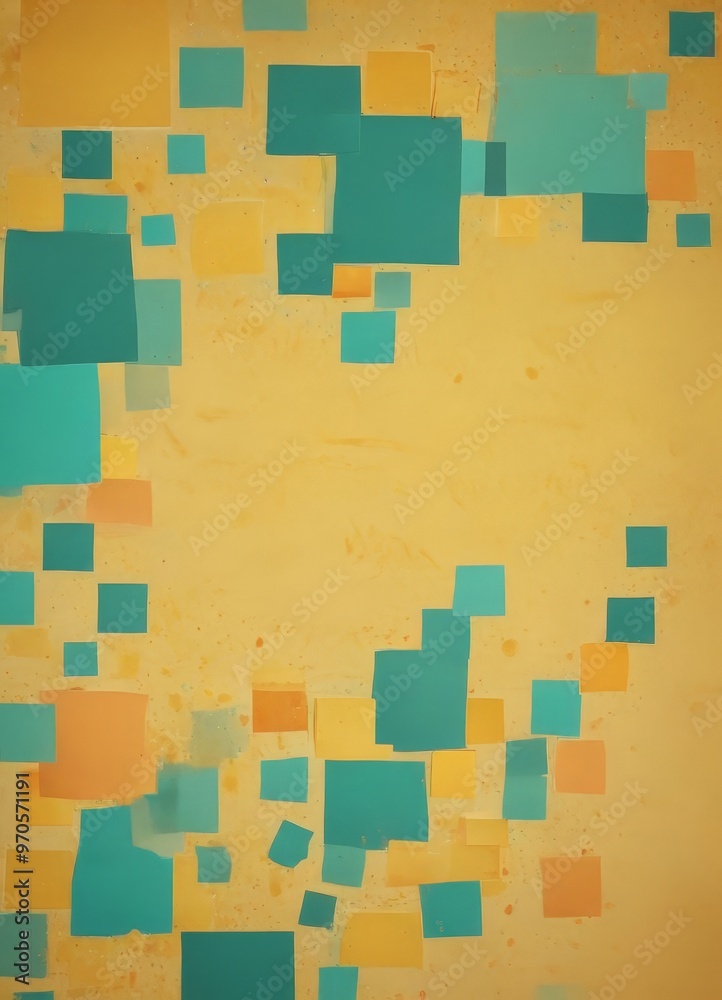 Poster a collection of overlapping square and rectangular pieces of paper in various shades of green, yellow, and orange, arranged in a random pattern against a yellow background.