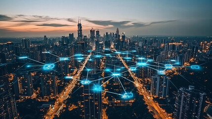 Fototapeta premium Smart cities use technology to connect people, places, and things. This includes wireless networks for social media and the Internet of Things, which lets devices talk to each other.