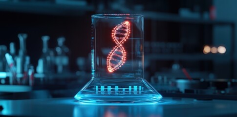 A transparent hologram of a DNA helix spinning above a laboratory table in a futuristic biotech environment.