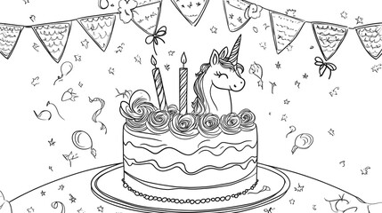 happy birthday party coloring page with unicorn themed cake