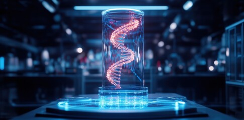 A transparent hologram of a DNA helix spinning above a laboratory table in a futuristic biotech environment.