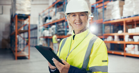 Warehouse, mature woman and tablet in portrait for logistics, quality control or stock management. Engineer, tech and maintenance in freight, supply chain or factory at shipping company in Australia