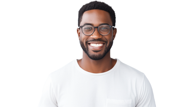 Young african american business man entrepreneur wearing eyeglasses on transparent background.