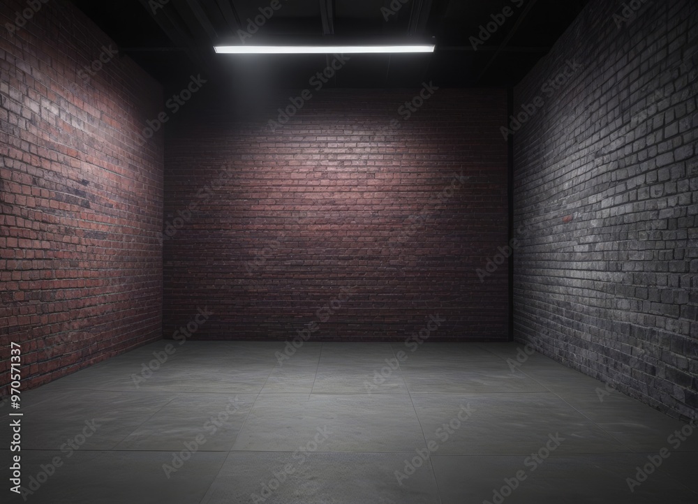 Poster a dimly lit room with a brick wall and a single light fixture, creating a sense of solitude and tran