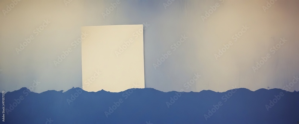Poster A white rectangular object is centered against a blue background with a silhouette of mountains.