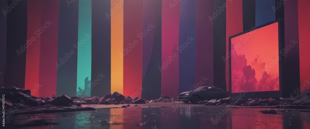 Aufkleber A car is parked in front of a large screen displaying a vibrant red and orange sky, with a series of vertical stripes in various colors.