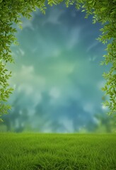 Obraz premium A lush green field stretches out under a sky filled with soft, wispy clouds, framed by the verdant leaves of trees.