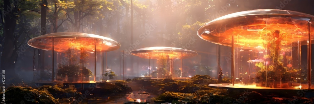 Poster a futuristic forest scene with three glowing mushroom-shaped structures in the foreground, surrounded by lush greenery and a mysterious, otherworldly atmosphere.