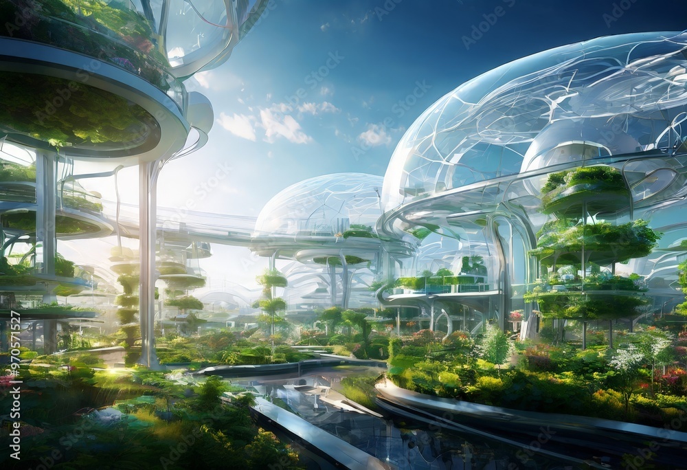 Poster a futuristic cityscape with transparent domes and structures, surrounded by lush greenery and a wind