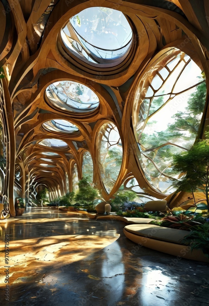 Poster a futuristic architectural structure with a series of curved wooden beams and glass panels that create a tunnel-like effect. The structure is surrounded by lush