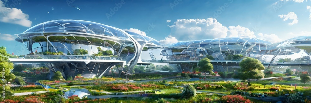 Aufkleber a futuristic architectural structure with a curved, dome-like roof and a series of interconnected bu