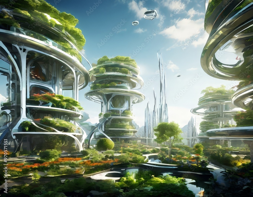 Poster a futuristic cityscape with towering structures covered in lush greenery, surrounded by a vibrant ga